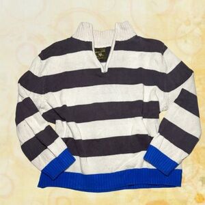 Striped Quarter-Zip Pullover Sweater with Blue Bottom Trim